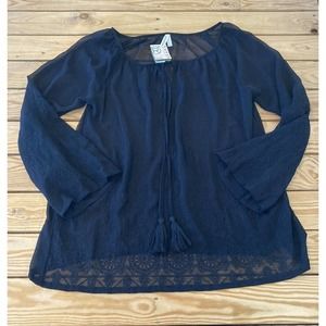 Roper Navy Blue Sheer Peasant Blouse with Tassel Ties